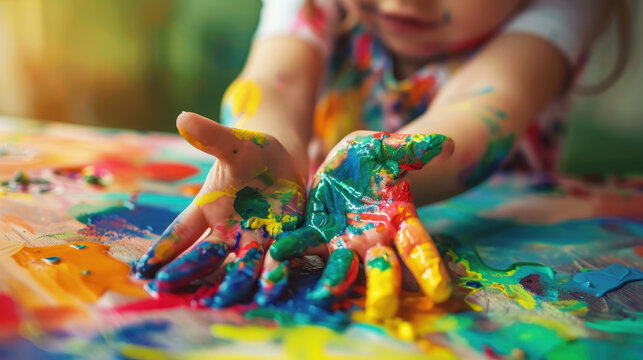 Child's hands covered in colorful paint during creative art activity on a messy table