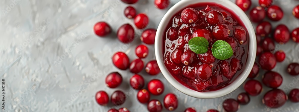 Wall mural  A small, white bowl holds cranberry sauce Surrounding it are cranberries and a green leaf on a white surface - Wall murals