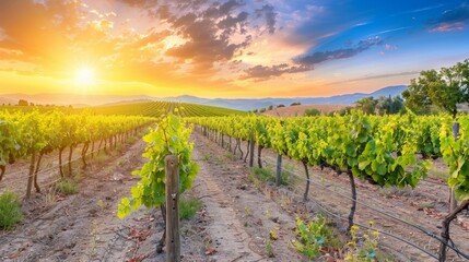 Fototapeta premium Golden sunset over lush vineyard rows in countryside