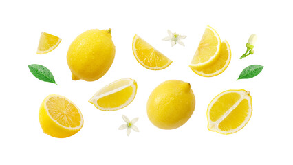 Lemon has water drop with lemon slices and flower collection isolated on white background. Clipping path.