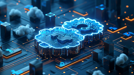 Futuristic circuit board with glowing blue gears, orange pathways, and cloud-like structures, high-tech theme.