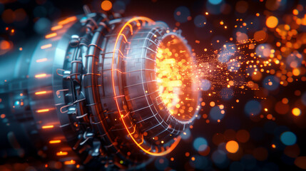 A close-up of a futuristic engine emitting glowing particles and vibrant light, highlighting intricate details.