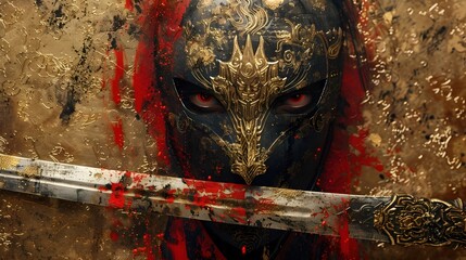 Powerful Sword Pattern Mask with Intricate Blade Designs and Commanding Expression,Graphic Style