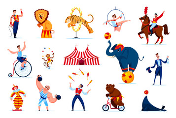 Cartoon chapito circus people characters and animals. Vector acrobat, clown, juggler and magician personages. Cute elephant, lion, horse and bear, trapeze girl and strongman performers at circus stage