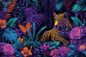 Obraz premium Immersive digital depicting a vibrant psychedelic jungle environment filled with oversized neon colored animals surrounded by lush vibrant tropical foliage and flora in a surreal