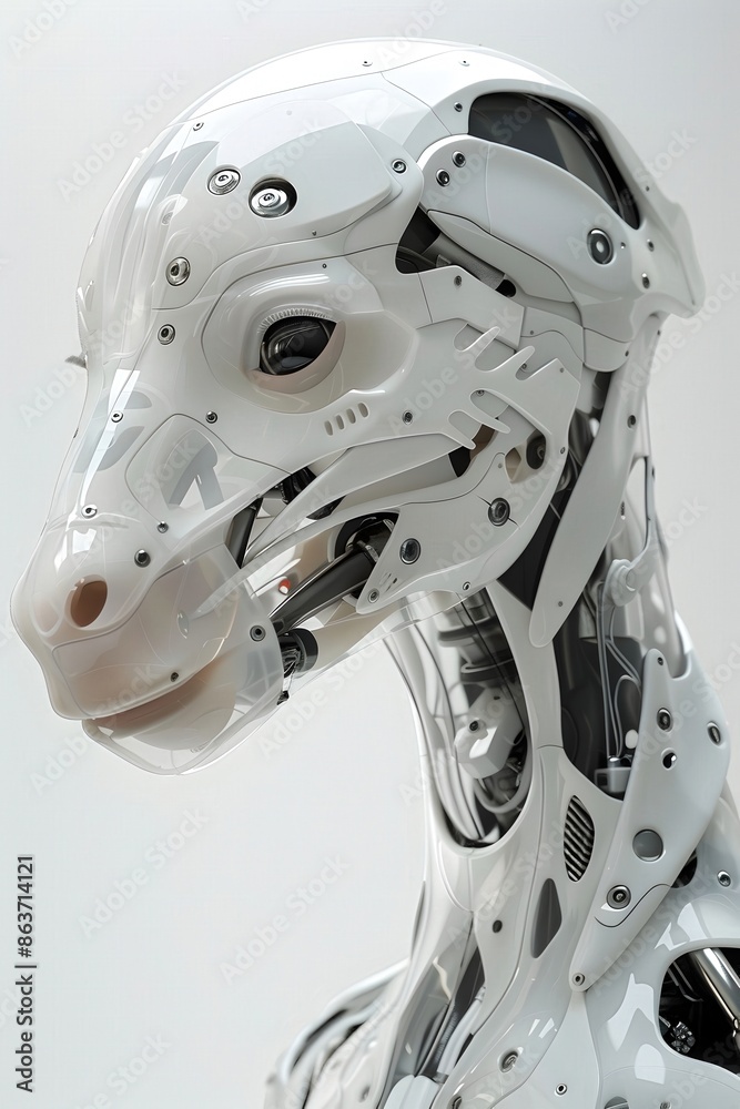 Sticker Striking Robotic Animal Creature with Transparent Advanced Facial Features in Minimalist White Setting