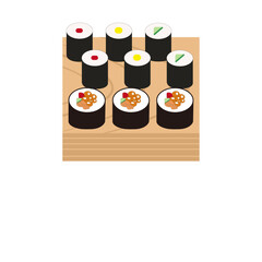 日本の寿司の海苔巻き　きゅうりや漬物やマグロやサーモンやいくらの寿司のベクターイラスト.　コピースペース付き [復元]