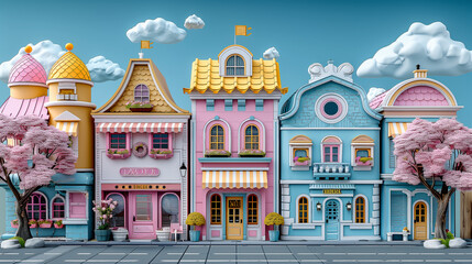 Fototapeta premium Colorful row of whimsical buildings with pastel hues, ornate details, flowering trees, and a sunny sky.