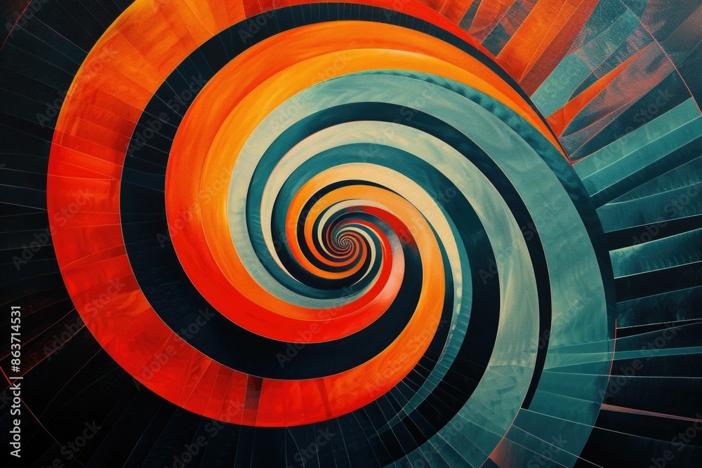Poster visually captivating abstract spiral patterns composed of a blend of bold contrasting colors generat
