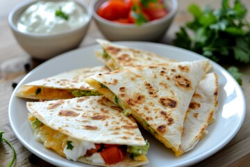 Delicious Cheesy Quesadillas with Guacamole and Pico de Gallo. Golden-brown Tortillas with Melted Cheese, Cut into Triangles.