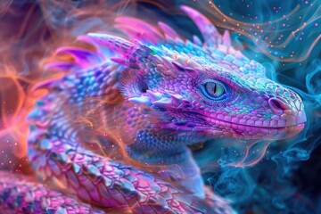 Obraz premium Vibrant Psychedelic Dragon with Captivating Iridescent Scales Enveloped in Swirling Clouds of Neon Smoke Creating a Mesmerizing Otherworldly Scene