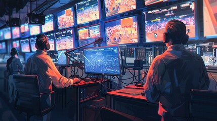 Broadcast control room with professionals managing multiple screens displaying sports events, ensuring smooth live television production.