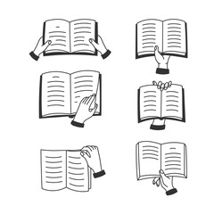 Hand Holding Book Doodle Icon Set. Outline reading and turning page gesture collection. Cartoon doodle style. Line art. Vector illustration