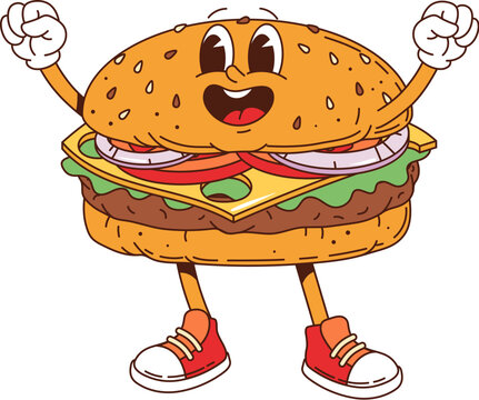 Burger retro groovy barbeque grill character. Isolated cartoon vector cheerful hamburger fast food bbq personage with expressive eyes and happy smile, stands with arms raised in a welcoming gesture