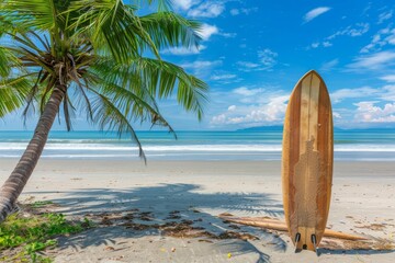 Tropical beach paradise with surfboard under palm tree