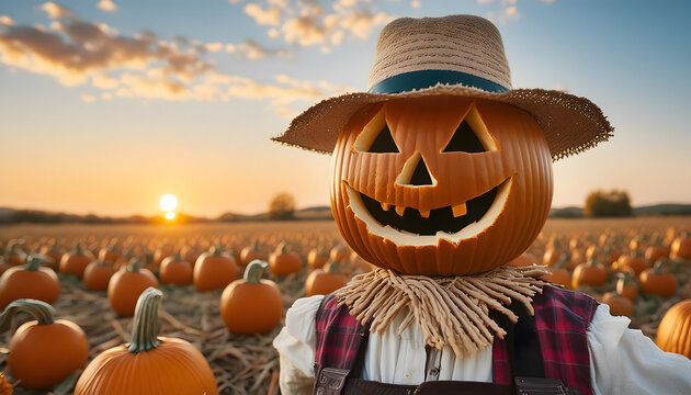 vogelscheuche, mit, k&uuml;rbis, kopf, lampe, feld, clos euh, copy space, neu, herbst, halloween, herbstlich, gesicht, lachend, orange, farbe, sonne, Sonnenuntergang, Landwirtschaft, agrar, modern, feier, 