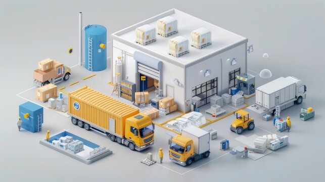 Real time 3D visualization of warehouse logistics delivery updates package tracking and performance analytics displayed through an engaging digital interface
