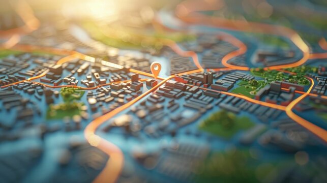 Interactive 3D map navigation system showcasing restaurant locations and delivery zones for efficient food delivery services in urban areas