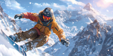 Snowboarder in orange suit riding down a snowy mountain slope with a clear blue sky and scenic mountain backdrop.