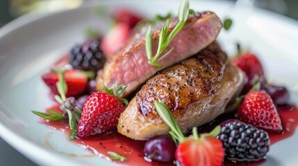 Duck breast with strawberry sauce and apple salsa accompanied by seasonal berries
