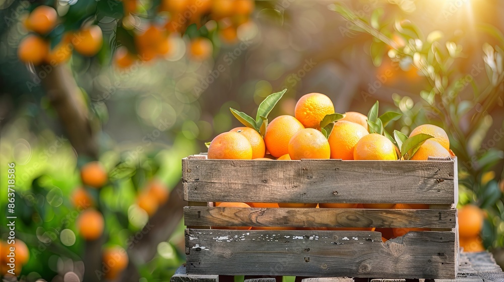 Wall mural box of oranges against the backdrop of the garden