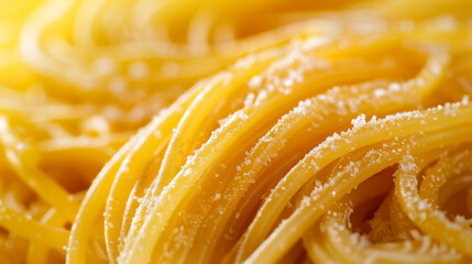 Detailed close-up image of uncooked spaghetti noodles with a sprinkle of flour or salt, highlighting texture.