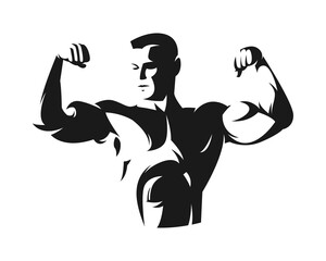 Silhouette of bodybuilder showing muscles, flexing biceps muscles, strongman. Illustration.