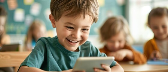 Teacher using a tablet to deliver a lesson in a contemporary classroom, technology-enhanced learning, engaged students