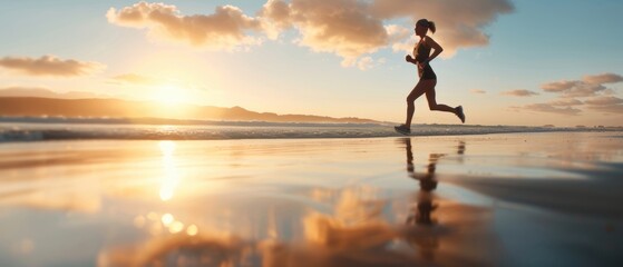 Runner sprinting on a beach at sunrise, powerful and energetic, early morning workout, serene coastal setting