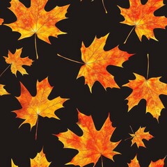 Obraz premium Seamless pattern with colorful autumn maple leaves on black background. Watercolor illustration for fall designs, textiles, prints.