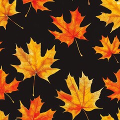 Obraz premium Seamless autumn pattern. Vibrant orange and yellow maple leaves falling on black background. Perfect for fall designs, fabrics, and backgrounds.