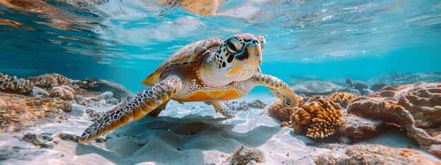 Obraz premium A turtle swims in the ocean, surrounded by corals in the foreground, while the background is filled with water