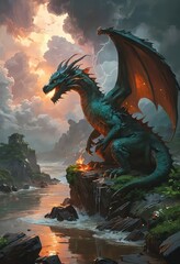 Fototapeta premium Green Dragon on Rocky Outcrop.
