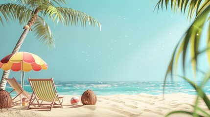 Obraz premium Beach scene with sandy space, sun lounger, umbrella, ball and palm tree.