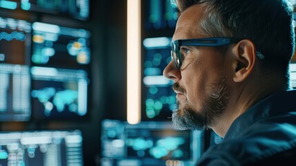 Cybersecurity expert analyzing data on multiple screens, high-tech office, protecting digital assets and information security