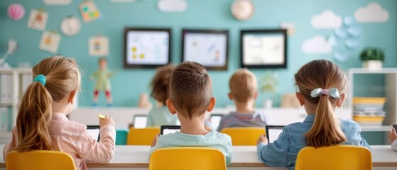 Classroom with students using tablets for interactive learning, teacher guiding the lesson, tech-savvy education environment