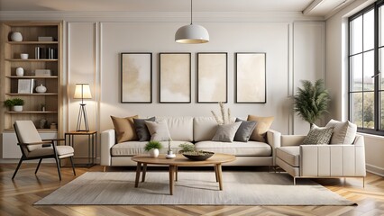 Family Room Poster Mockup in Scandinavian Interior. Perfect for: interior design, home decor, real estate, furniture store, showroom