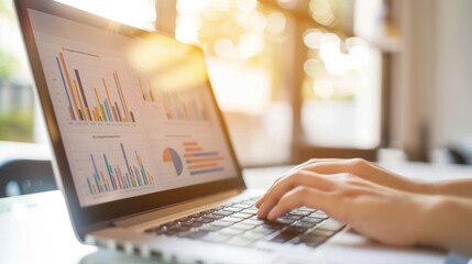 Business professional analyzing ecommerce website metrics on a laptop, data-driven digital marketing strategies, growth optimization