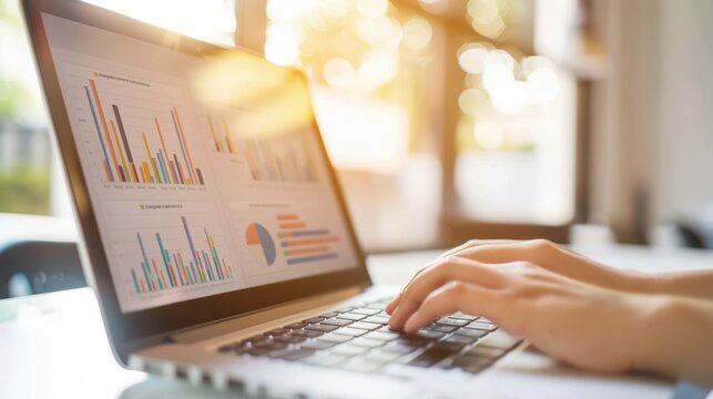 Business professional analyzing ecommerce website metrics on a laptop, data-driven digital marketing strategies, growth optimization