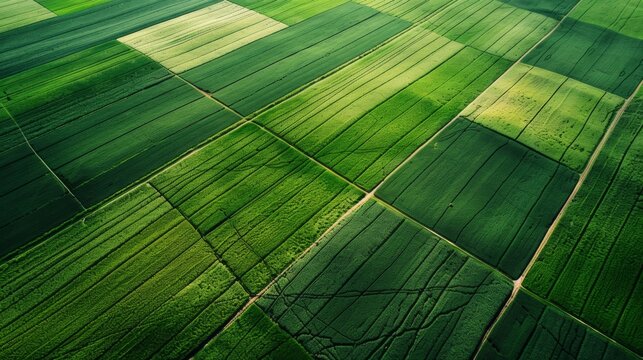 An overview of the sown fields from above, where rectangular crops stand out in contrast with multi-colored areas.
