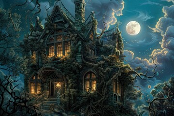 Obraz premium A spooky haunted house with broken windows, overgrown vines, and glowing lights inside, set against a backdrop of a full moon and a cloudy night sky