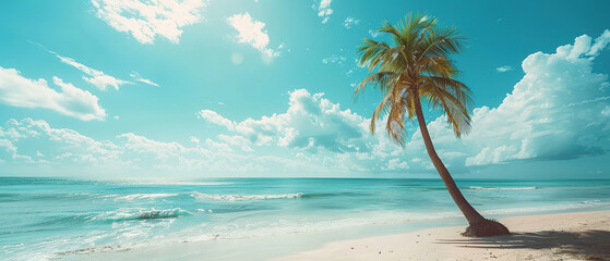 Fototapeta premium Beautiful palm tree on tropical island beach on background blue sky with white clouds and turquoise ocean on sunny day. Perfect natural landscape for summer vacation