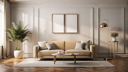 Minimalist Beige Sofa and Poster Frame in Art Deco Living Room. Perfect for: interior design, modern living room