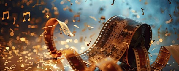 "An Old Film Roll Featuring Numerous Music Notes and Intricate Designs"