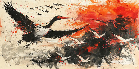 Soaring majestically, this crane epitomizes freedom through vibrant splashes of red and black