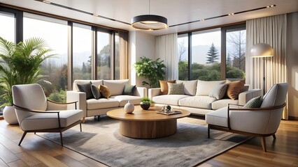 Cozy Modern Living Room with Chairs and Coffee Table. Perfect for: interior design, modern living room