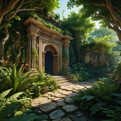 Fototapeta premium Ancient Ruins Overgrown with Lush Foliage.