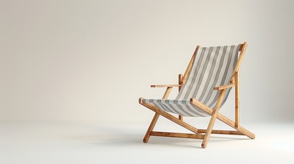 A wooden beach chair on an empty light background, reflecting the summer holiday atmosphere."
