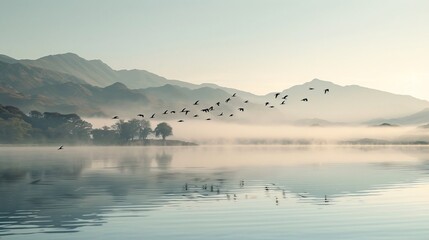 Obraz premium A flock of birds taking flight over a serene lake