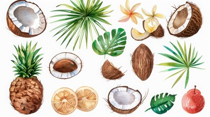 Summer beach pattern with coconut and fruits isolated on white background - vector illustration.